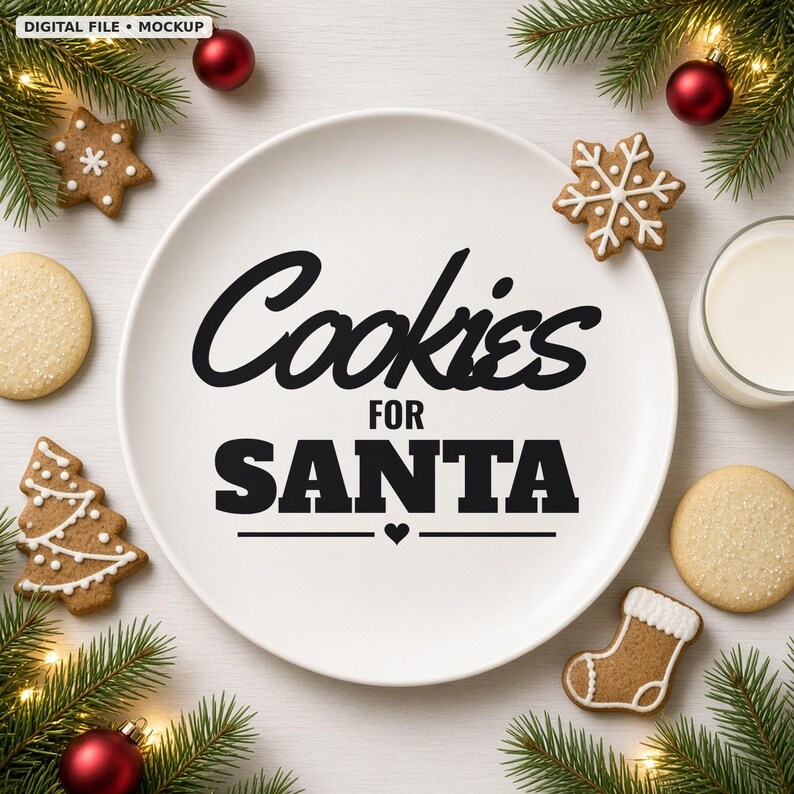 K&ouml;nnte beinhalten: Ein wei&szlig;er Keramikteller mit dem schwarzen Text Cookies FOR SANTA und einem kleinen Herzsymbol. Der Teller ist umgeben von Lebkuchen in Form von Sternen, Tannenb&auml;umen und Socken sowie Tannenzweigen und roten Weihnachtskugeln.