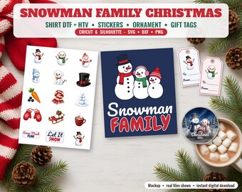 Snowman Family Christmas SVG Bundle, Family Shirt PNG, Dtf Transfer, Print Then Cut Stickers, Snowman Ornament Png, Gift Tags, Cricut DXF