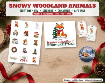 Woodland Animals SVG Bundle, Winter Fox Shirt PNG, Dtf Transfer, Print Then Cut Stickers, Fox Ornament Png, Gift Tags, Cricut DXF