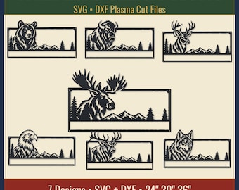 May include: A collection of seven black metal-style rectangular signs featuring wildlife silhouettes including a bear, bison, deer, moose, eagle, elk, and wolf, all set against mountain and pine tree landscapes with the text WILDLIFE CABIN SIGNS.