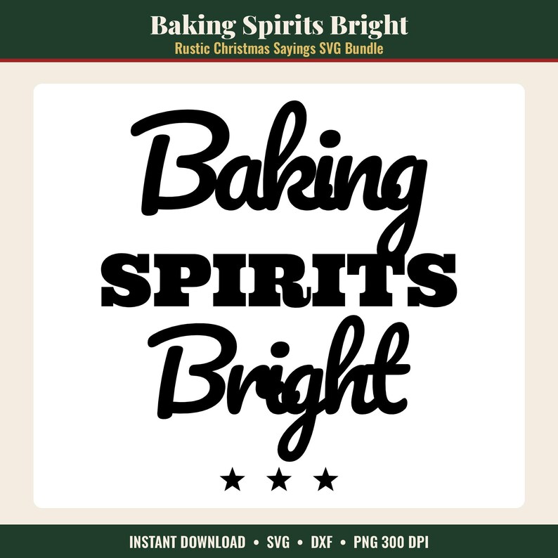 K&ouml;nnte beinhalten: Ein digitales Grafikdesign mit dem schwarzen Text Baking SPIRITS Bright in einer Kombination aus Schreib- und Blockschrift. Drei kleine schwarze Sterne sind unter dem Text zentriert. Das Design befindet sich auf einem wei&szlig;en quadratischen Hintergrund.