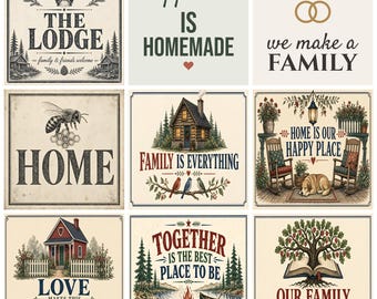 May include: A collection of nine square decorative signs featuring various illustrations and text including The Lodge, happiness is homemade, together we make a family, home with a bee, family is everything, home is our happy place, love makes this house a home, together is the best place to be, and our family our story.