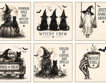 May include: A set of six square illustrations featuring black and white ink drawings. Themes include a witch and cat on a pumpkin, three cats in hats, a ghost on a swing, a truck with pumpkins, a witch with coffee, and a skeleton hand holding a mug.