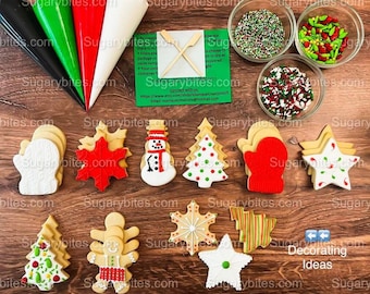 May include: A set of Christmas cookie decorating ideas featuring various shapes and designs, including a mitten, a snowflake, a gingerbread man, a Christmas tree, and a star. The cookies are decorated with red, green, white, and gold icing. The image also includes sprinkles and piping bags.