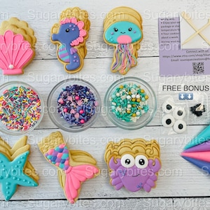 Mermaid Cookie Decorating Kit, *INCLUDES 26 ITEMS* (Large Cookies) …… with 4 ICING bags and 3 Deluxe Sprinkles + 2 Free Bonus!!!
