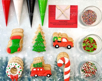 Decoratieset voor kerstkoekjes, kit voor kerstkoekjes, (grote koekjes), ***BEVAT 24 ARTIKELEN*** Met 4 glazuurzakjes en 3 luxe hagelslag!!
