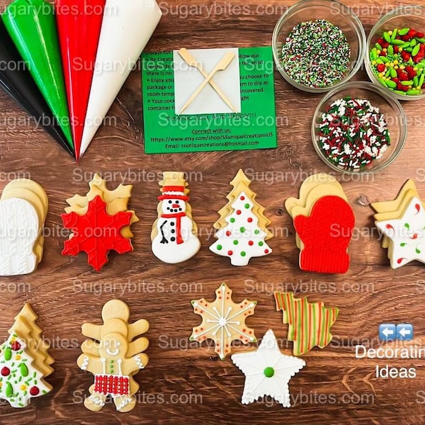 Kit de décoration de biscuits de Noël, kit de biscuits de Noël DIY, *** COMPREND 28 ARTICLES *** (petits biscuits) avec 4 sacs à glaçage et 3 saupoudrages de luxe