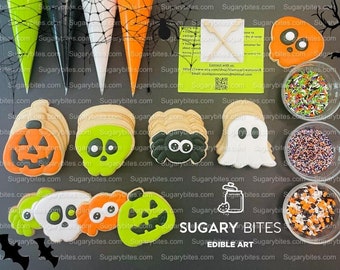 May include: A set of Halloween-themed sugar cookies decorated with various designs, including pumpkins, ghosts, skulls, and spiders. The cookies are arranged on a black surface with bowls of colorful sprinkles and piping bags.