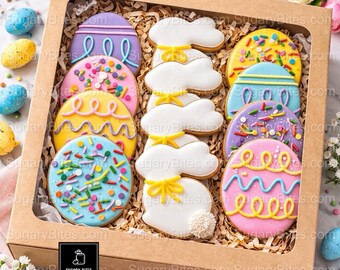 Easter Decorated Cookies | Easter Cookie Gift Box – 12 Hand Decorated Bunny & Egg Sugar Cookies | Luxury Easter Treats | Gift Ready Box