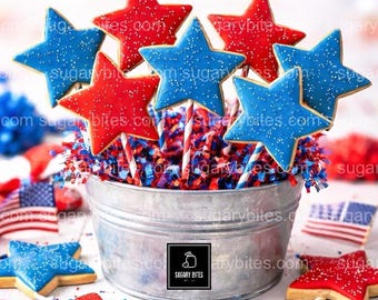 4th of July Cookies |  Patriotic Star Lollipop Cookies | Red White Blue Cookies | Memorial Day Treats | 12 Hand- Decorated Cookies |