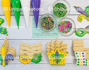 Mardi Gras Cookie Decorating Kit, Carnival birthday, Birthday Gift, **INCLUDES 24 ITEMS** (Large Cookies)… Deluxe Sprinkles Included!!!