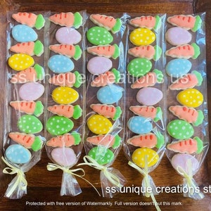 May include: Six bags of Easter-themed sugar cookies. Each bag contains a variety of cookies decorated with carrots, eggs, and polka dots in pastel colors. The bags are tied with yellow ribbon.