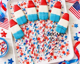 Rocket Popsicle Cookies, 4th of July Cookies, (Set of 12), Patriotic Sugar Cookies, Red White Blue Dessert, Summer Favors, BBQ Treats