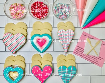 Valentines Cookie Decorating Kit, Heart DIY Cookie Kit, **INCLUDES 24 ITEMS** (Large Cookies), Deluxe Sprinkles Included!!