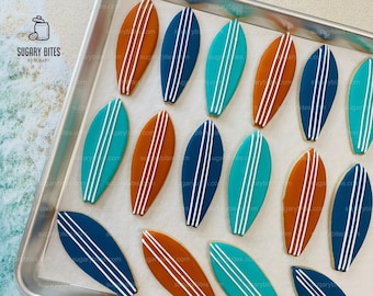 Biscoitos decorados em formato de prancha de surfe, lembrancinhas para festa na praia, 12 biscoitos decorados à mão