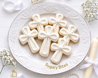 Baptism Cross Cookies – 12 Elegant White Royal Icing Cookies– Christening, First Communion, Religious Celebration Dessert Table Favors