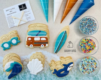 Galletas de surf, kit para decorar galletas de verano, ***INCLUYE 24 ARTÍCULOS***** Kit de galletas de Zoom Party Favors, surtido de formas (galletas grandes)