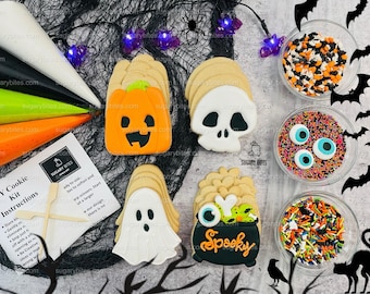 May include: A DIY cookie kit with Halloween-themed designs. The kit includes five cookie cutters: a pumpkin, a ghost, a skull, a cauldron, and a spooky sign. The kit also includes sprinkles, edible eyes, and icing.