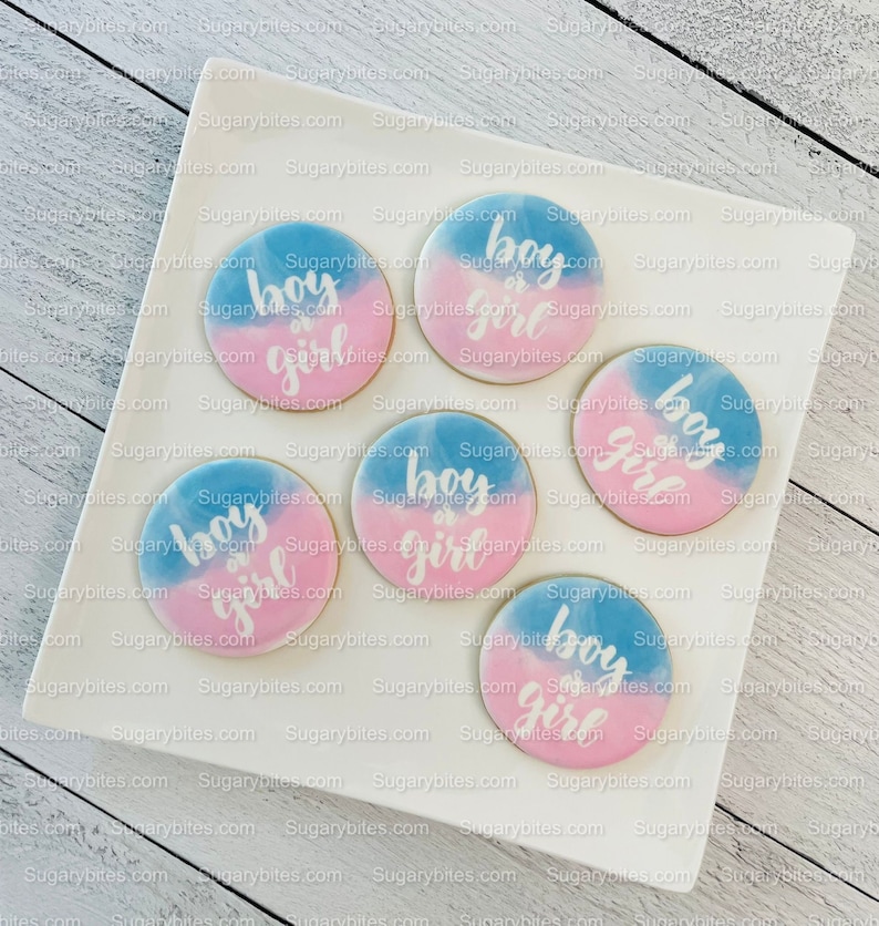 May include: A white plate with six round cookies decorated with blue and pink icing. The cookies have the text "boy or girl" written in white icing.