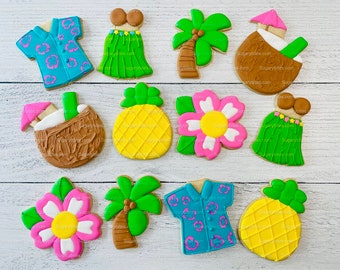 Luau Cookies, Hawaiian Cookies, Tropical Cookies, Includes 12 Large Decorated Cookies