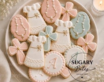 Baptism Cookies | Christening Cookies | First Holy Communion Cookies | Baptism Decorated Sugar Cookies | Personalized Initial | 1 Dozen |
