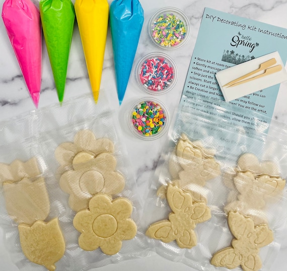 Spring Cookie Decorating Kit, **INCLUDES 24 ITEMS** Flower Butterfly diy Kit, Zoom Party Favors, Flower Assorted Shaped Cookie Kit