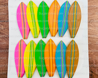 Galletas de azúcar con forma de tabla de surf, recuerdos para fiestas playeras, 12 galletas decoradas a mano