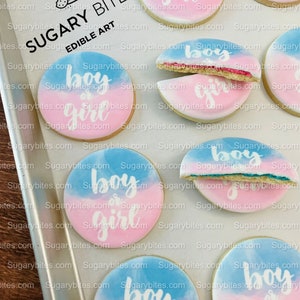 May include: A set of six decorated sugar cookies with a blue and pink watercolour design. The cookies are decorated with white icing and the text "boy or girl".