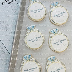 Galletas de anillos de boda, galletas decoradas para despedida de soltera, (12 deliciosas galletas grandes) … ¡Puedes personalizar los nombres y la fecha del evento!