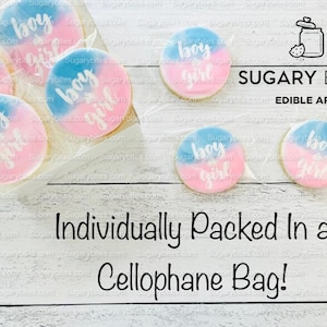May include: Six decorated sugar cookies with blue and pink icing. The cookies are individually wrapped in cellophane bags. The cookies are decorated with the words "boy & girl" in white icing. The cookies are arranged in a clear plastic container. The container is sitting on a wooden surface. The text "SUGARY BITES EDIBLE ART" is printed on a white background.