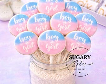 Gender Reveal Cookies - Boy or Girl Lollipop Cookies – Baby Shower Favors – Bite to Reveal Surprise – Set of 12 Large Lollipop Cookies