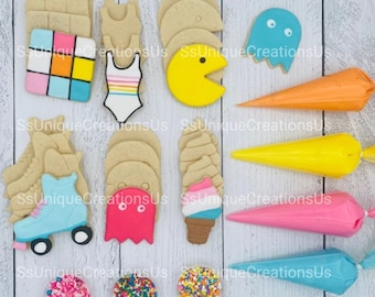 80’s theme Cookie Decorating Kit, ***INCLUDES 24 ITEMS***** Zoom Party Favors, Assorted Shaped Cookie Kit