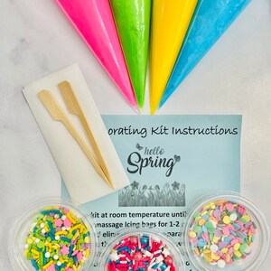 Op de afbeelding: Een lente-thema taartdecoratieset met vier spuitzakken in roze, groen, geel en blauw, twee houten decoratiestockjes en drie bakjes met kleurrijke sprinkles. De instructies zeggen "Hello Spring" en bevatten instructies voor het gebruik van de set.