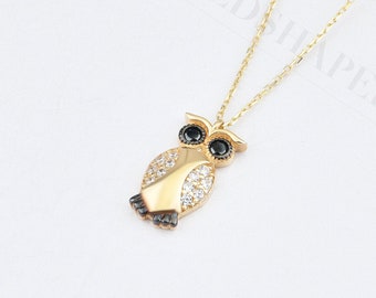 Owl Necklace, 14K Gold Animal Bird Necklace, Bridesmaid Gift, Wedding Gift, Anniversary Gift, Birthday Gift.
