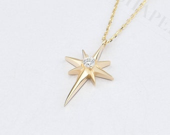 14K Celestial North Star Necklace, 14K Gold Pendant With Diamond Option Star Necklace, Gift for her, Valentine's Days gift, Christmas Gift.