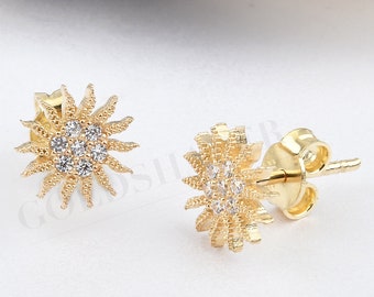 Sun Earrings, 14k Solid Gold Solar Celestial Star Sun Stud Earrings, Bridesmaid Gift, Wedding Gift, Anniversary Gift, Birthday Gift.