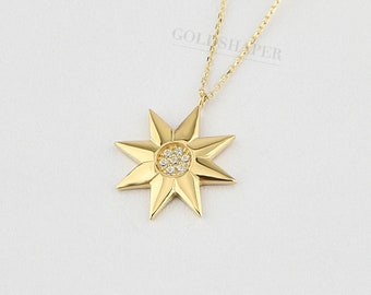 14k Gold Sun Necklace, Solar Celestial Star Sun Necklace, Sunshine Necklace, Wedding Gift, Anniversary Gift, Birthday Gift.