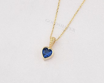 Heart Sapphire Necklace, 14K Solid Gold Necklace, September Birthstone, Heart Neckace, Sapphire Necklace, Gemstone Necklace.