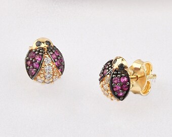 14K Gold Filled Crystal Ladybug Post Earrings Item #A155 