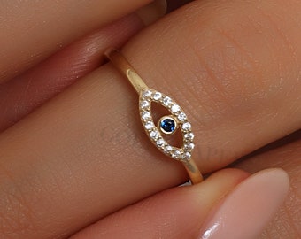 Eye Ring, 14K Solid Gold Evil Eye Ring, Religious Jewelry, Wedding Ring, Birthday Gift, Christmas Gift, Valentine's Day Gift.