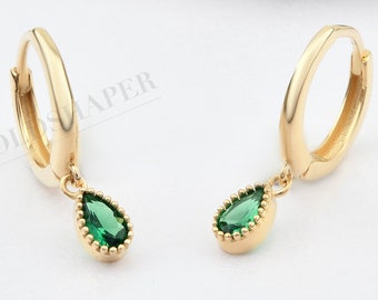 Emerald Hoop Earrings, 14k Solid Gold Earrings, May Birthstone, Gift For Her, Bridesmaid Gift, Wedding Gift, Birthday Gift, Christmas Gift.
