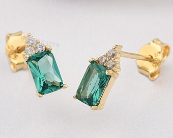 Emerald Earrings, 14k Solid Gold Earrings, Emerald Stud Earrings, May Birthstone, Gemstone Earrings, Birthday Gift, Christmas Gift.