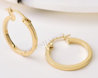 Hoops Flat Earrings, 14k Gold 20 mm Lightweight Hoops, 2mm Width, Clasp Hoops, Everyday Earrings, Holiday Gift, Gift for Her, Holiday, Gift.