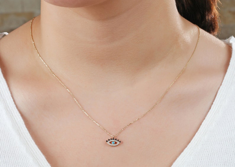 14K Solid Gold Wedding Gift Mini Evil Eye Eye Necklace Birthday Gift. Bridesmaid Gift