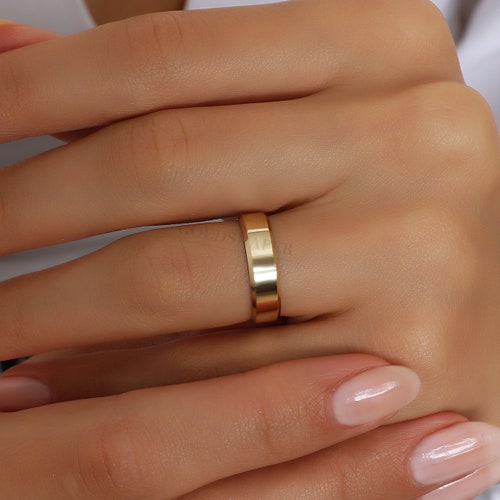 5mm Flat 14K Yellow Gold Wedding Band Ring, Diamond Cut Corners Polished shops Ring, Free Laser Engraving, Comfort Wedding Band Ring.