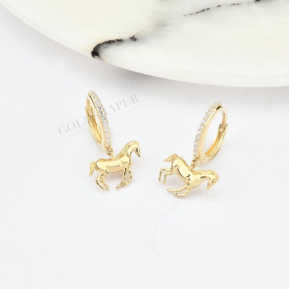 Horse Hoop Earrings 14k Solid Gold Horse Earring Gift for Etsy