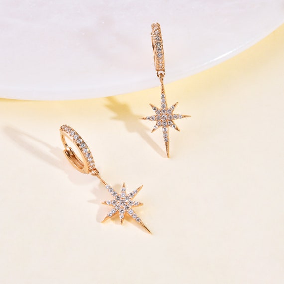 Celestial North Star Hoop Earrings 14k Solid Gold Star | Etsy