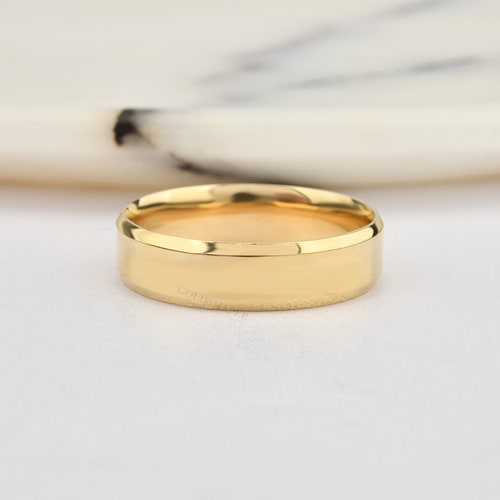 5mm Flat 14K Yellow Gold Wedding Band Ring, Diamond Cut Corners Polished shops Ring, Free Laser Engraving, Comfort Wedding Band Ring.