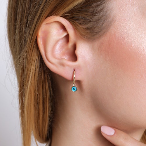 Evil Eye Hoop Earrings, 14k Solid Gold Protection Earring, Gift For Her, shops Bridesmaid Gift, Birthday Gift, Christmas Gift.