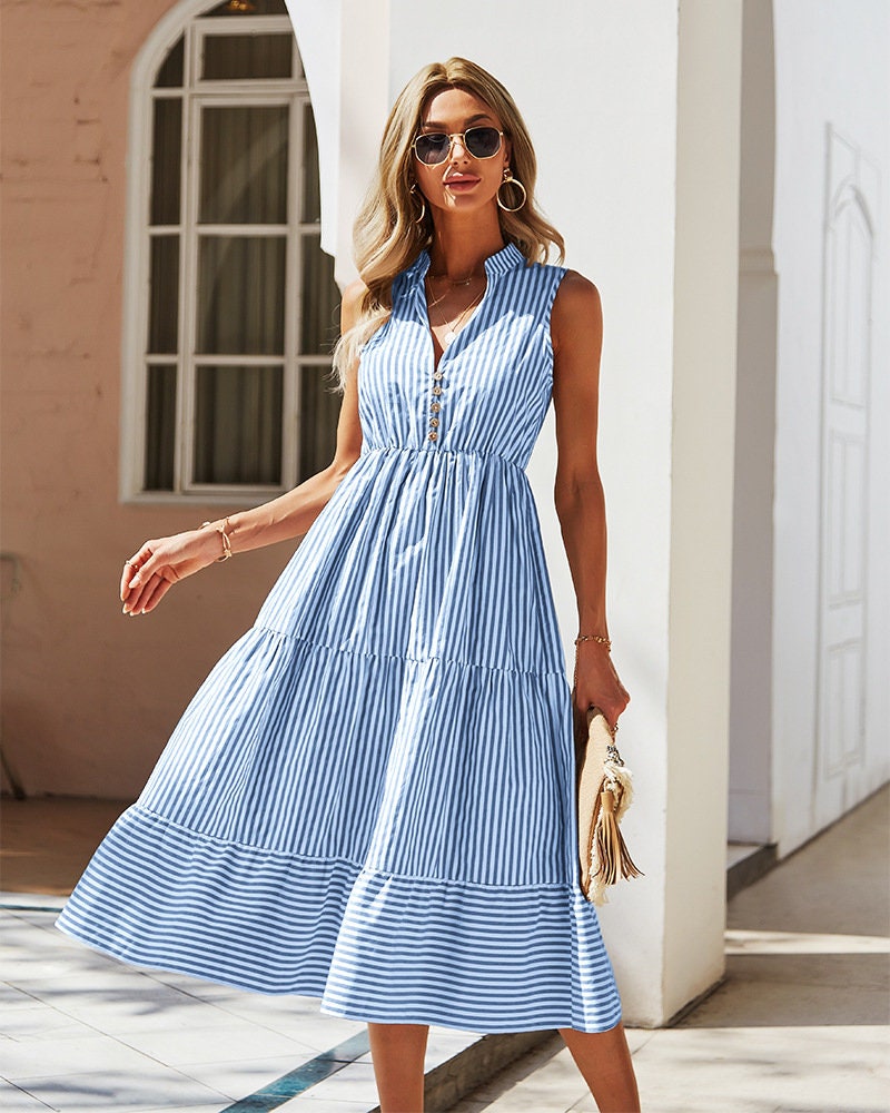 Blue Striped Midi Dress Bohemian Clothing Beach Bohemian - Etsy